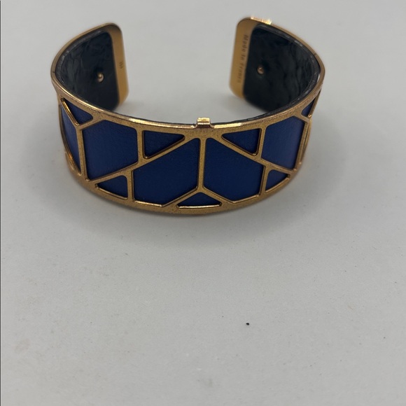 Les Georgettes Solaire gold-finish cuff bracelet Capri blue leather insert Euro - Picture 7 of 8